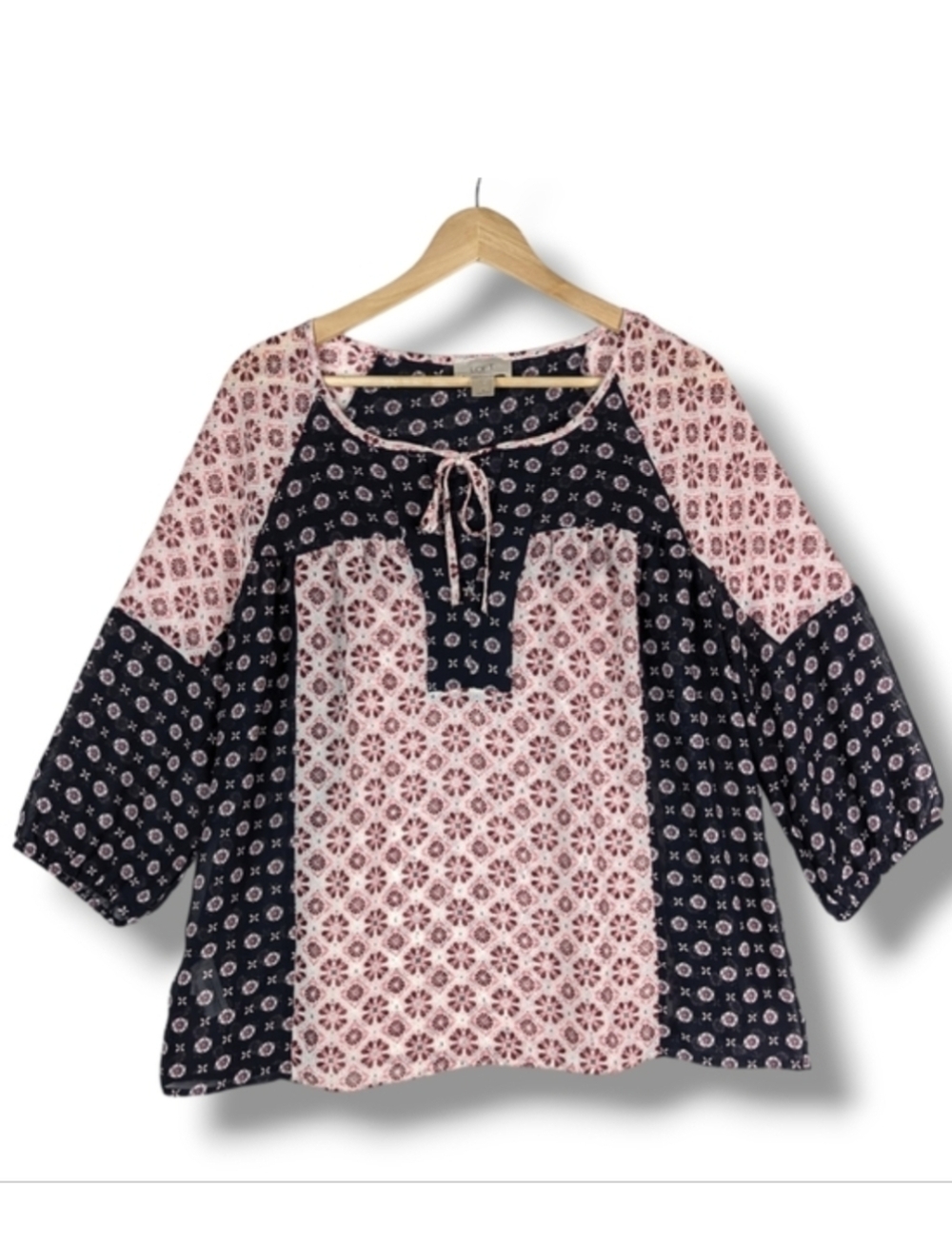 Loft‎ Outlet Boho Peasant Top Blouse Small 3/4  Sleeves Tie Front Floral